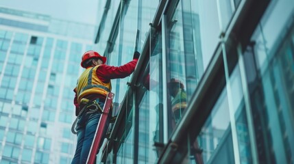 A detailed shot of a construction supervisor overseeing the installation of glass curtain walls on a commercial building, Glass curtain wall installation scene, Architectural facade style