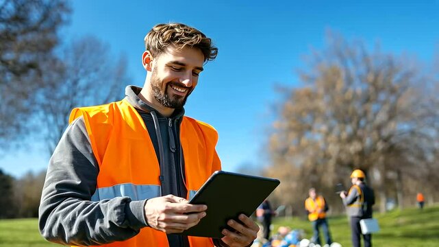 Under a bright blue sky, the coordinator shows a diagram on a tablet to volunteers, with park paths, trees, and scattered trash creating the scene of the community effort.