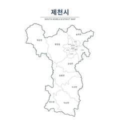 Jecheon map. Map of South Korea with Major Cities, Clean Line Design on White Background.
