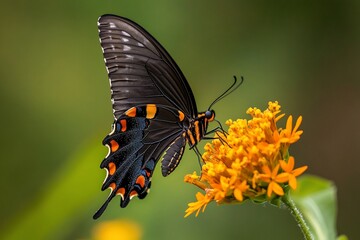 Black butterfly feeding on orange flower, garden background, nature photography, stock image