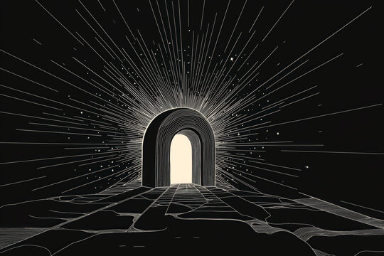 Minimalist line art of a tomb with an open stone and rays of light symbolizing resurrection