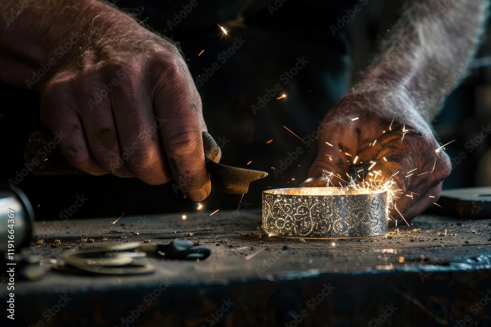 Poster craftsmanship shines as a skilled artisan creates intricate metalwork in a workshop with tools and s