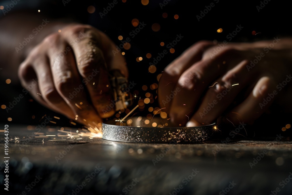 Poster Craftsmanship shines as a skilled artisan creates intricate metalwork in a workshop with tools and sparks flying during a captivating evening