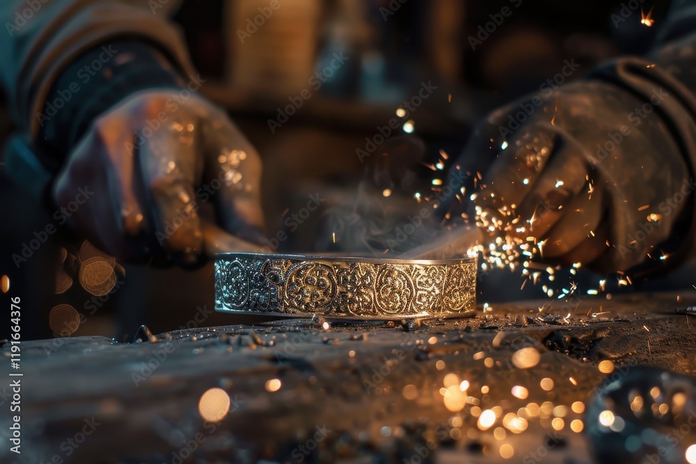 Poster craftsmanship shines as a skilled artisan creates intricate metalwork in a workshop with tools and s