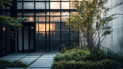 Modern building entrance with garden and sunset light