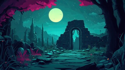 Fototapeta premium Moonlit Ruins Pathway Leading to Distant Towers