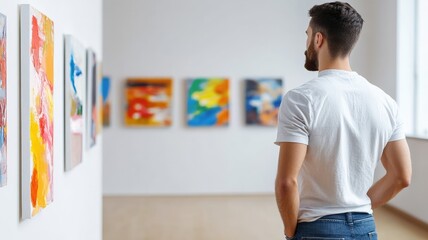 Man in art gallery admiring abstract paintings on wall