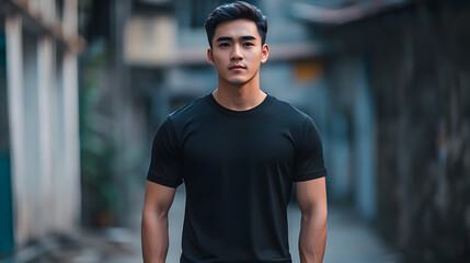 Fototapeta premium A young man stands confidently in an urban alleyway, wearing a black T-shirt.