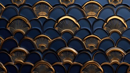 Elegant blue and gold scale pattern with fan motif