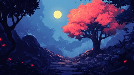 A solitary crimson tree graces a moonlit rocky path