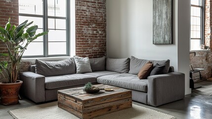 Obraz premium Modern Living Room Corner Sofa Brick Wall Decor