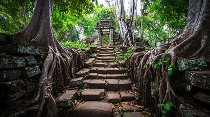 Ancient Temple Ruins Overgrown by Lush Tropical Trees