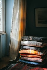 Stack of cozy blankets near sunlit curtain.