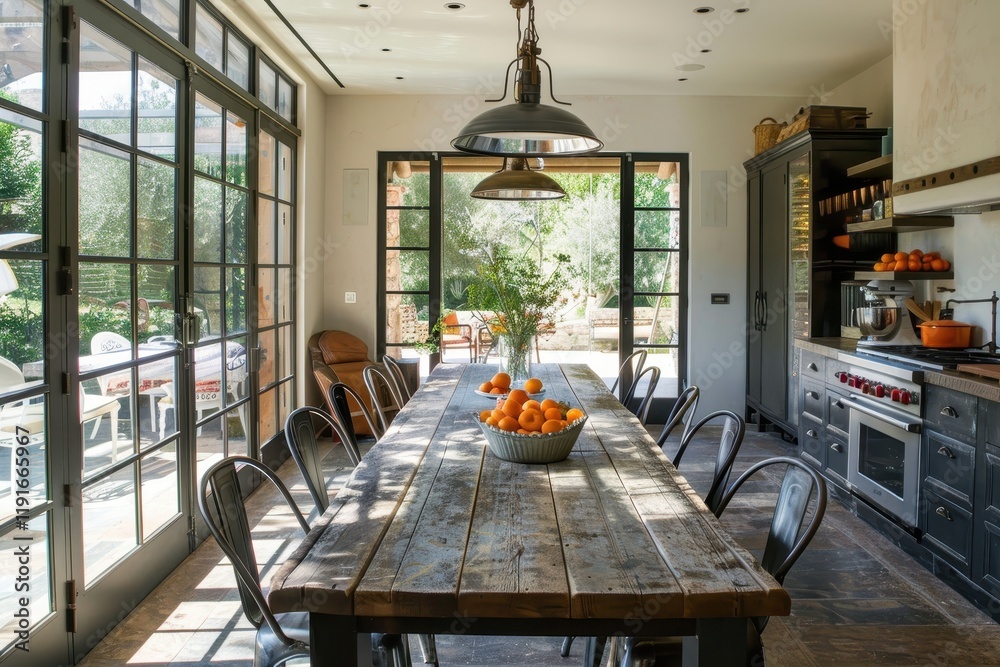 Poster elegant rustic kitchen with large dining table and fresh oranges in a sunlit space surrounded by gre