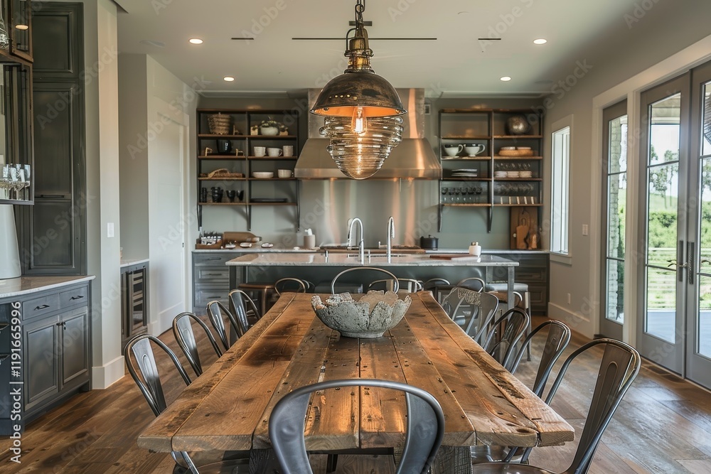 Aufkleber elegant rustic kitchen with large dining table and fresh oranges in a sunlit space surrounded by gre
