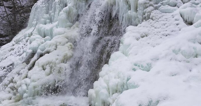Close up of a icy waterfall, river, flowing with snow and ice along each side 29.97 FPS Frames / Second,	Iphone 16 Pro