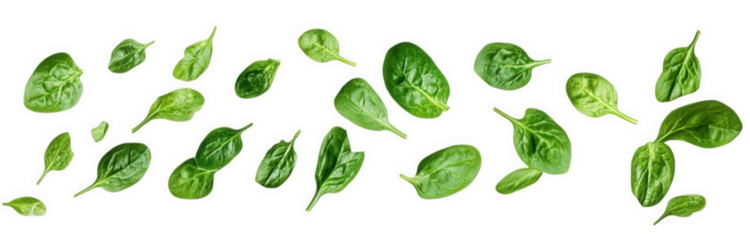 collection of fresh spinach leaves arranged in a scattered pattern. showcasing their vibrant green color and various shapes this visually appealing display emphasizes the freshness and health benefits