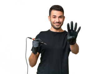 Tattoo artist caucasian man over isolated background happy and counting four with fingers