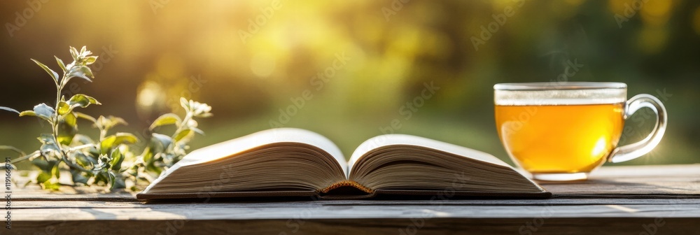Poster sunlit open book on rustic table with steaming tea cup nearby and greenery in a serene outdoor setti