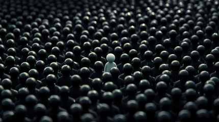 One individual stands out from a large, uniform crowd. A visual representation of individuality and difference.
