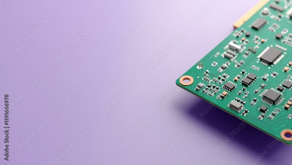 Fototapete green circuit board piece on left. soft red background. copy space for text, 3d render ai generated 
