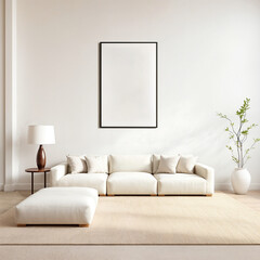 Mockup poster frame on the wall of living room. A stylish reading nook in beige colors