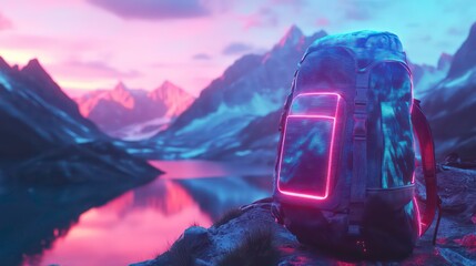Backpack with glowing screen rests on rocks overlooking a serene mountain lake at sunset.