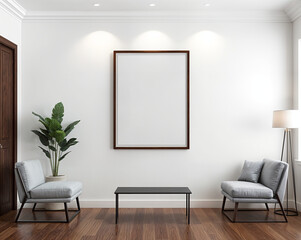 Mockup poster frame on the wall of hall. A stylish reading nook in beige colors