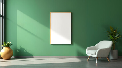 Mockup poster frame on the wall of hall. A stylish reading nook in green colors