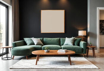 Modern living room with green velvet sofa, wooden coffee table, and blank frame mockup on dark wall &ndash; cozy interior design
