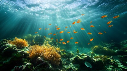 Obraz premium Underwater Paradise: Sunbeams Illuminate Vibrant Coral Reef and School of Fish