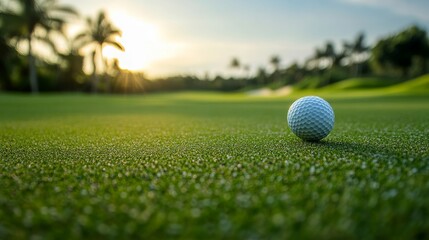 Golf ball on green at sunset