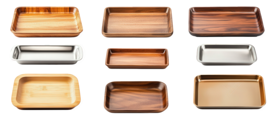 a variety of trays made from different materials. including wood and metal. arranged in a grid format these trays serve practical purposes for serving food. organizing items. or decorative displays th