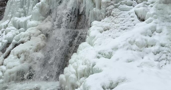 Close up of a icy waterfall, river, flowing with snow and ice along each side 29.97 FPS Frames / Second,	Iphone 16 Pro