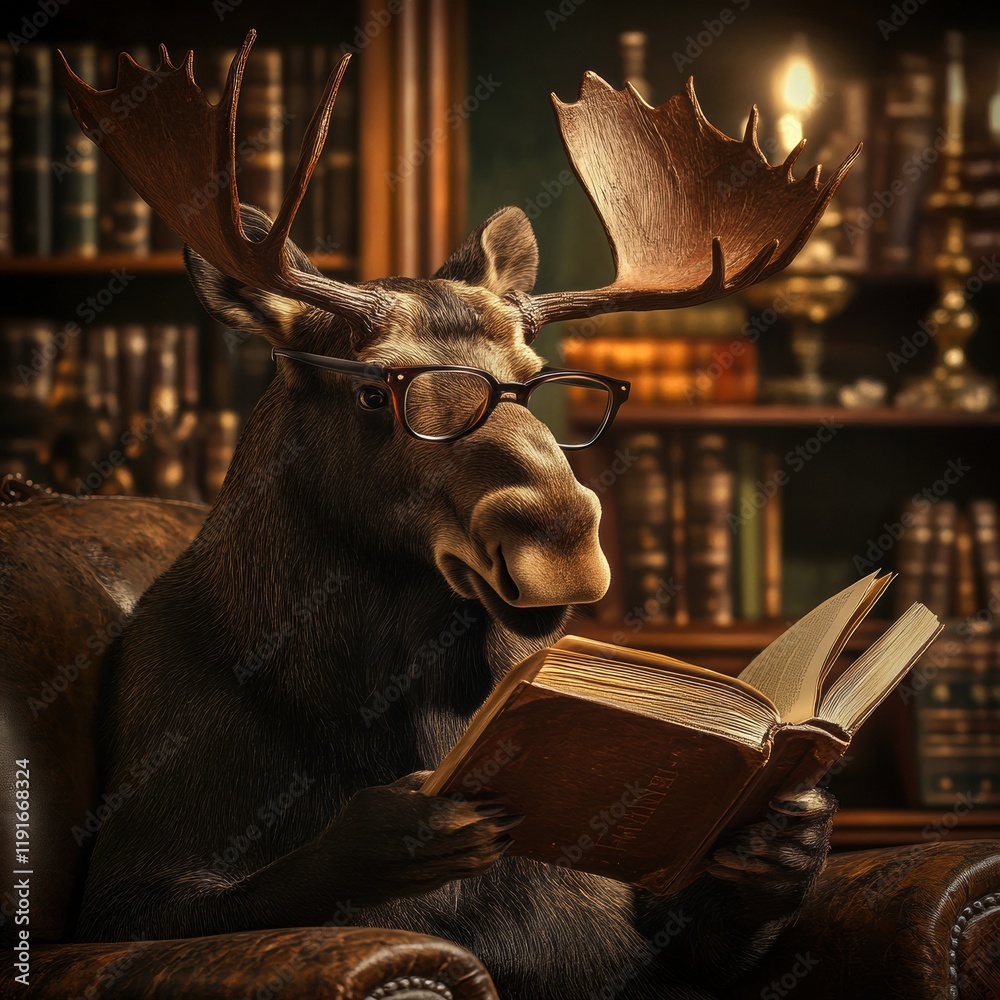 Leinwandbilder Moose in reading glasses enjoys a book in a vintage library filled with ancient tomes and warm ambiance. Generative AI