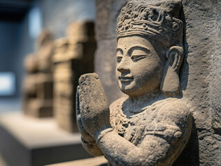 Intricate Stone Carving of an Ancient Deity Holding a Religious Offering: A Reflection of Cultural Significance and Artistic Mastery in Ancient Worship Rituals