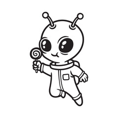 fun baby alien hold candy in astronaut suit cartoon isolated drawing line style sketch classic vintage design illustration