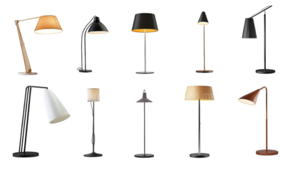 a variety of stylish lamps. including floor and table models. featuring different designs. materials. and colors the lamps are arranged in a grid layout. emphasizing their diverse aesthetics and funct