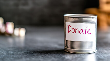 Silver tin can labeled "Donate" on gray surface