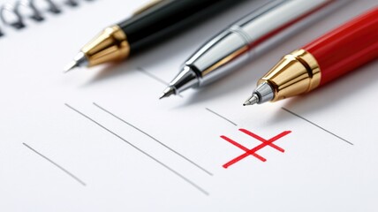 Red and black pens on white paper with markings