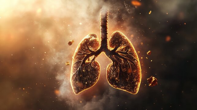 Realistic lungs depicted in a haze of smog and dust particles highlighting air pollution effects on health. Generative AI - Powered by Adobe