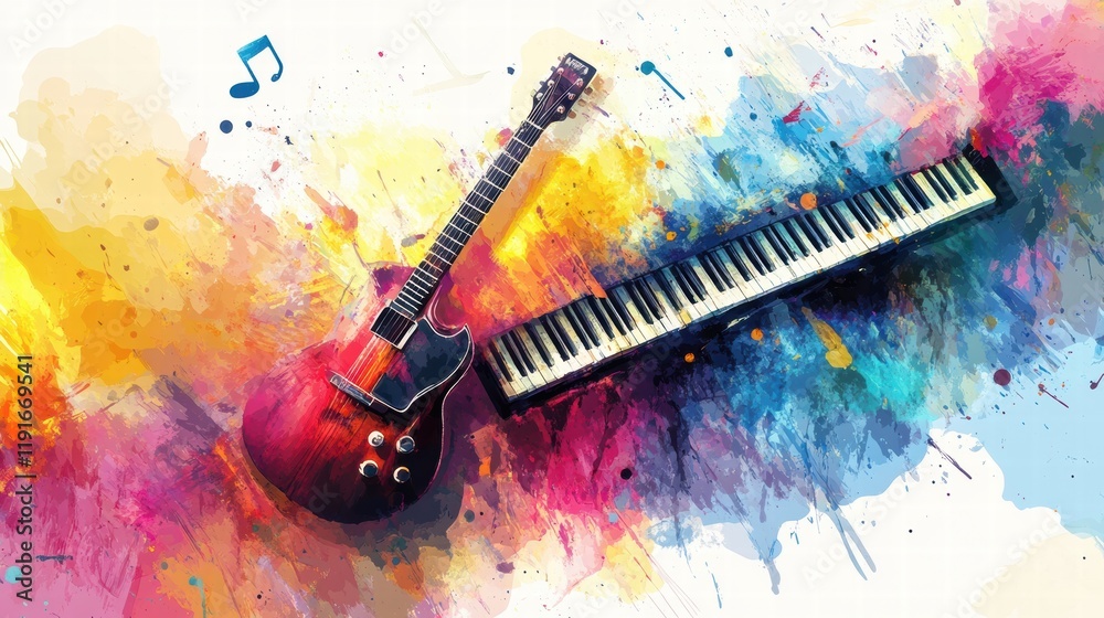 Poster musical instruments create vibrant energy with guitars and pianos surrounded by colorful notes in an