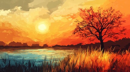 Obraz premium Sunset Landscape Featuring a Solitary Tree by a Lake