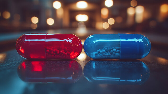 A thought-provoking choice between the red and blue pills symbolizing the tension between truth and illusion, belief and reality, right and wrong, with a blurred caption space for interpretation

