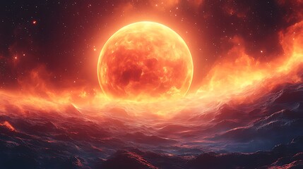 Fototapeta premium Fiery planet rising over dark, cosmic landscape, fantasy art