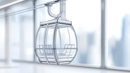 Blueprint of modern cable car with detailed lines and seats in bright room