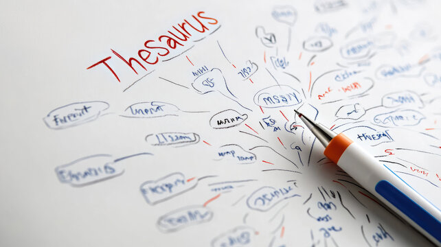Close-up of thesaurus with pen, various words branching out