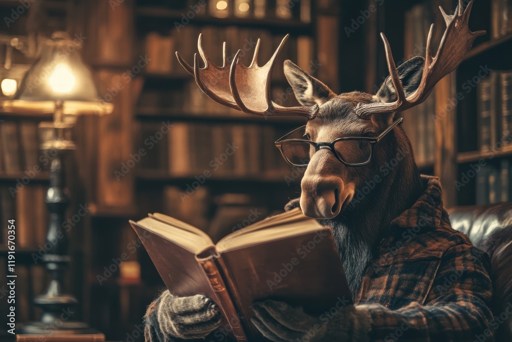 Aufkleber moose wearing reading glasses enjoys a book in a vintage library filled with books and warm lighting