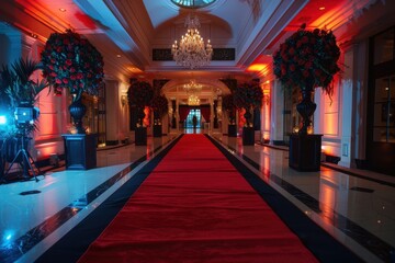 Elegant gala hall adorned with red roses and ambient lighting, featuring a grand entrance and plush red carpet during an evening event