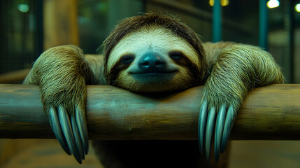 Fototapeta premium Serene sloth resting peacefully on a branch, showcasing its long claws and soft fur. A captivating close-up portrait.